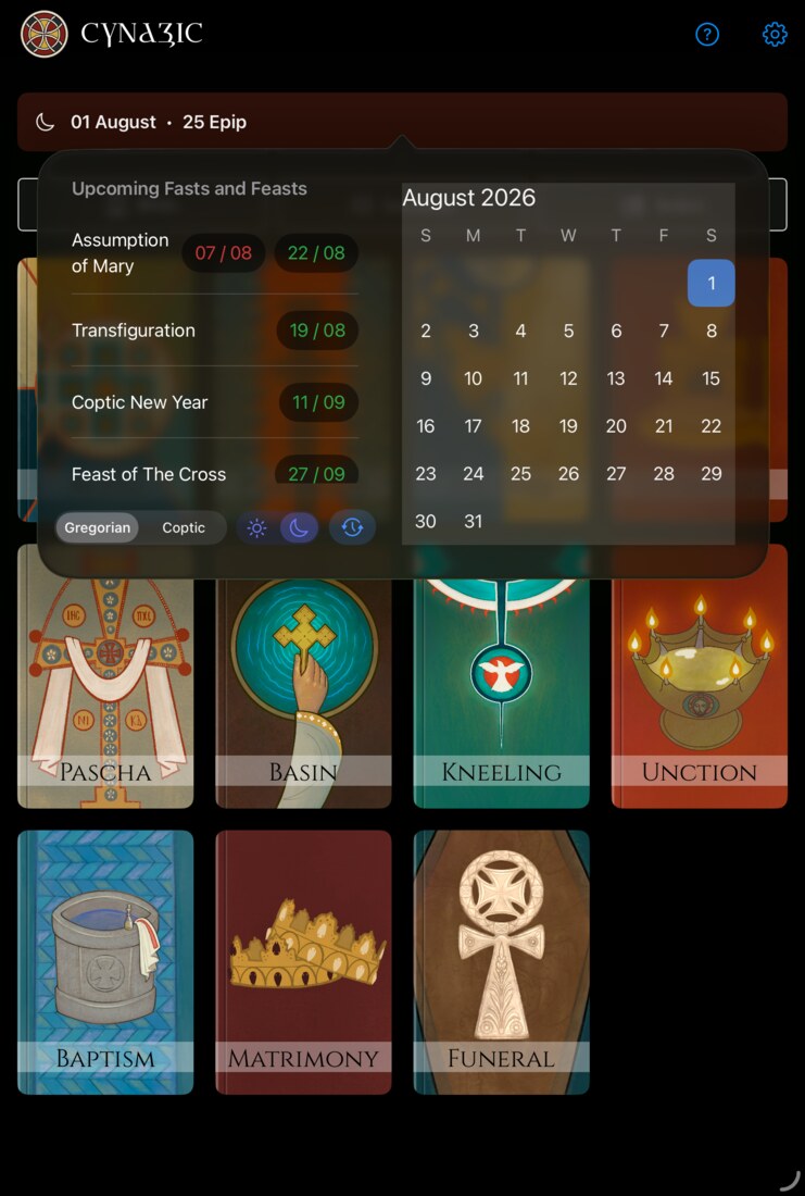 Upcoming fasts and feasts beside a monthly calendar