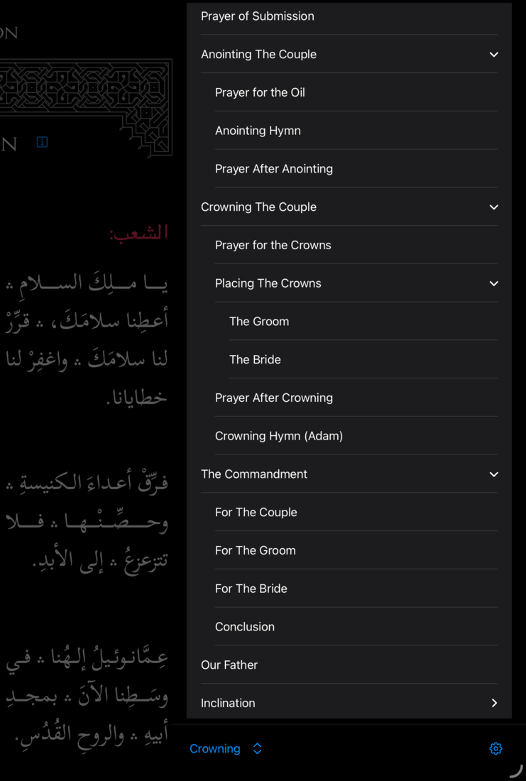 The Crowning service outline: sections nested within sections