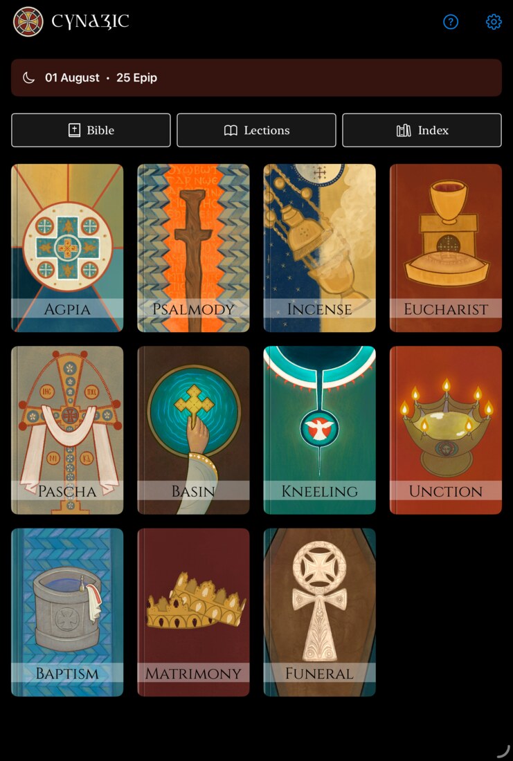 The Synaxis home screen: illustrated covers for Agpia, Psalmody, Incense, Eucharist, Pascha, and more