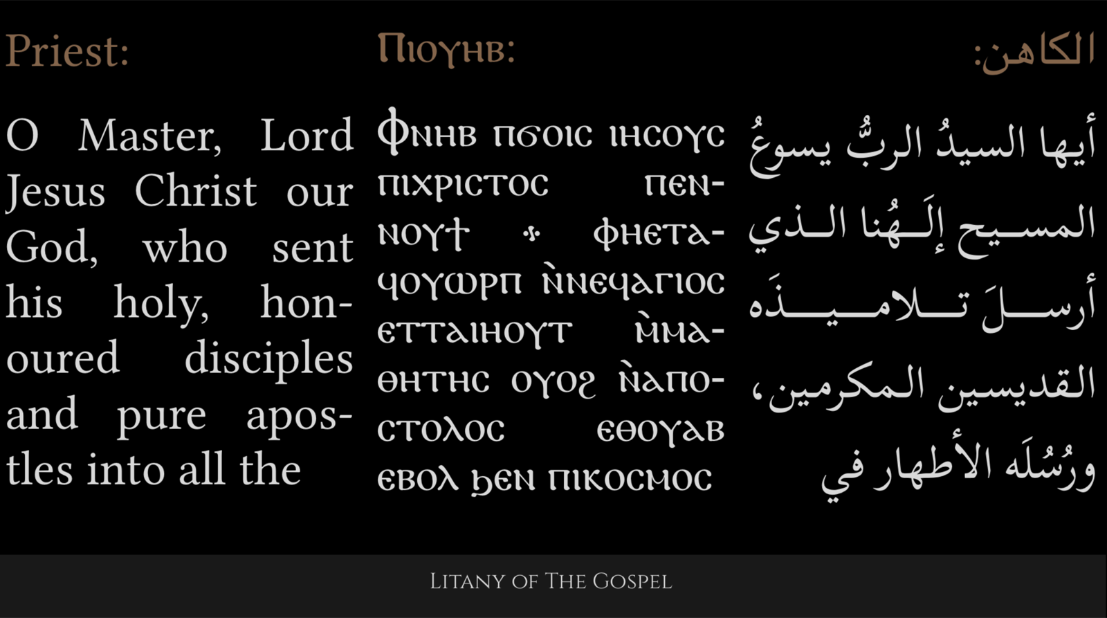 The distraction-free presentation view: English, Coptic and Arabic side by side