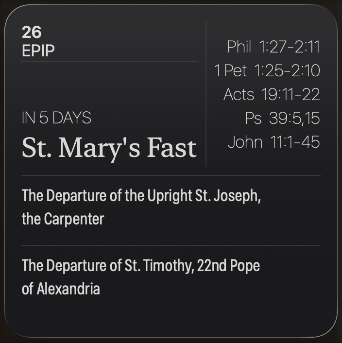A home-screen widget showing the Coptic date, the upcoming St. Mary's Fast, the day's lections and commemorations
